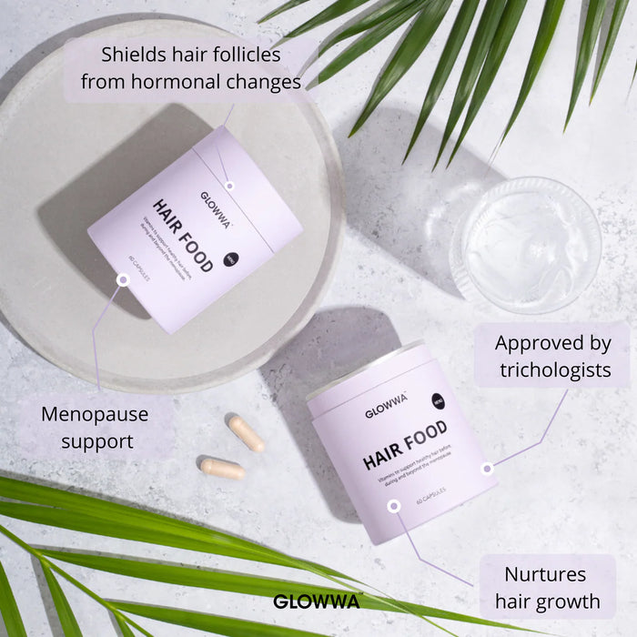 Formula con fitoestratti adattogeni di Glowwa Hair Food Menopause